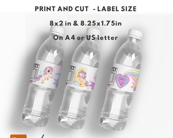 Unicorn water bottle label, Rainbow , Editable digital , party favor, label 8x2, 8 .5x1.75in canva VOL0004