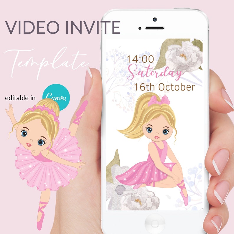 Pink Ballet Video invite, blond ballerina, Editable Digital invitation, Canva template, Girl Birthday VOL0021 image 4