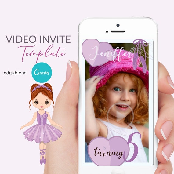 Ballerina Video invite, Cute Purple ginger ballet, Editable Digital invitation, Canva template, Girl Birthday VOL0021 Il_570xn