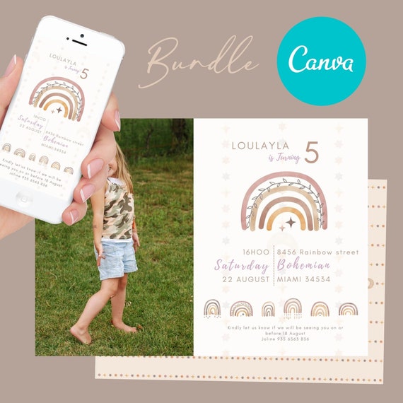 Boho Rainbow theme birthday invite template. Editable Digital invitation template. Bohemian Girl Birthday invitation Bundle. VOL0016 Il_570xn