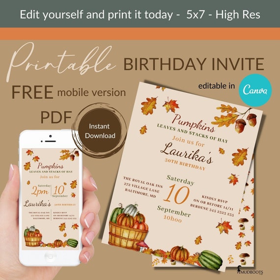Autumn Pumpkin Birthday invitation, Editable Fall birthday invite, Leaves and Pumpkins Printable Canva Template VOL0012 Il_570xn