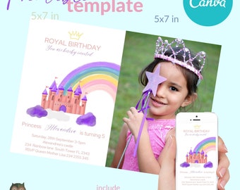 Princess Birthday invitation, printable castle invite with Rainbow, 5x7 editable canva with photo