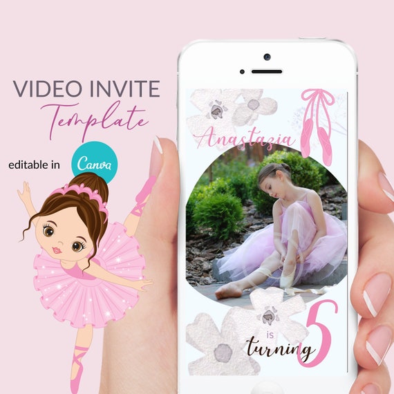 Pink Ballerina Video invite, Brunette ballerina, Editable Digital invitation, Ballet Canva template, Girl Birthday VOL0021 Il_570xn