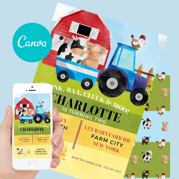 farm theme printable Barnyard Birthday Invitation Template, Canva , DIY Farm animal Birthday Editable invite VOL0001 Il_570xn
