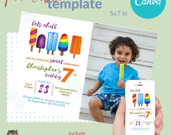 Popsicle printable invitation template, Summer party invite, ice cream birthday, editable canva, lets chill, with photo