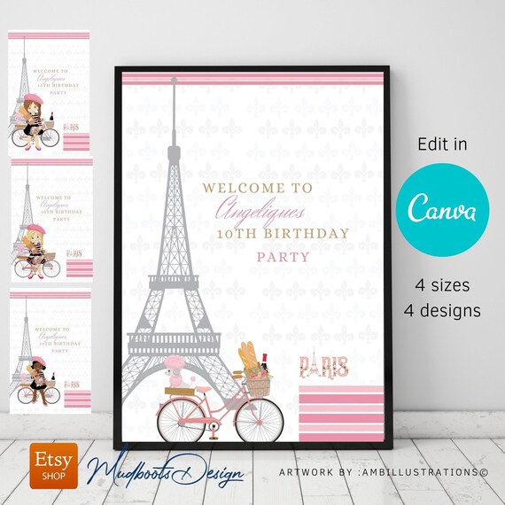Paris Welcome poster, Paris Party, girl birthday, editable canva VOL0009 Il_570xn