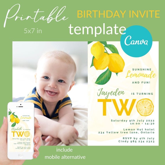 lemon theme birthday party invite, citrus first birthday invitation template, Sunshine printable 5x7 with photo VOL111 Il_570xn