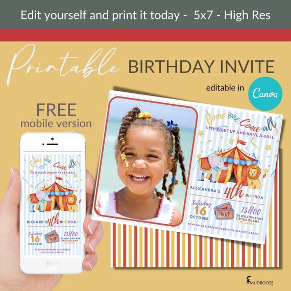 Circus Birthday invitation, Carnival Birthday Invite, Print And Digital Bundle, Editable, Canva Template VOL0008 Il_570xn
