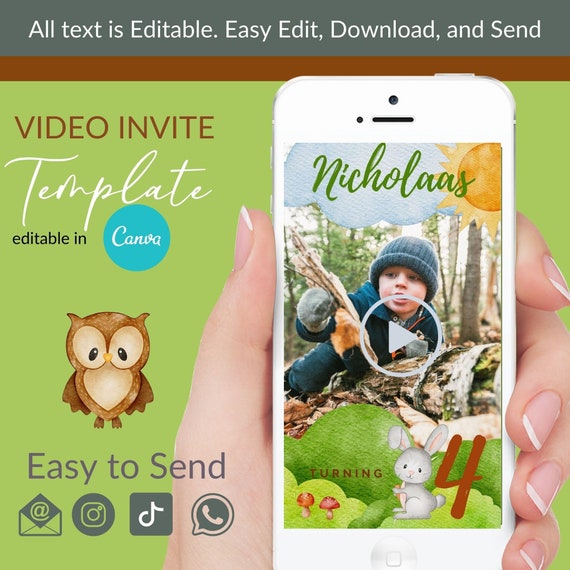 Woodland Animal Birthday invitation, Cute animal Video Invite, Wood themed Party. Video Invite Canva Template VOL0022 Il_570xn