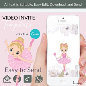 Pink Ballet Video invite, blond ballerina, Editable Digital invitation, Canva template, Girl Birthday VOL0021 image 2