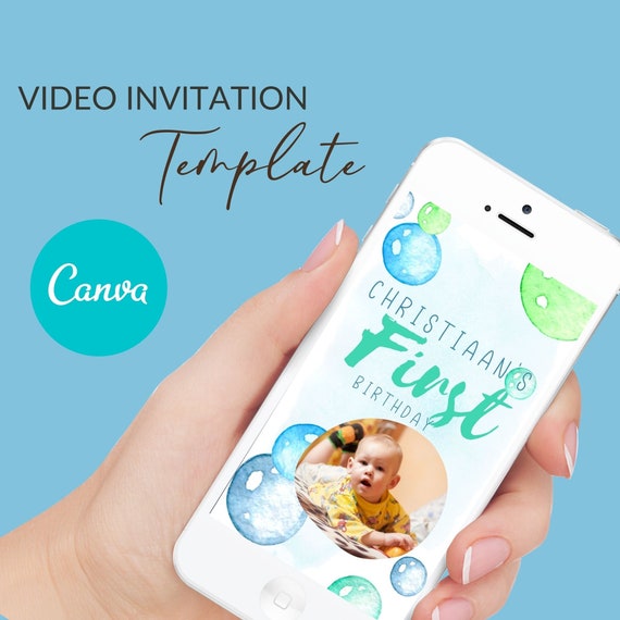Fun Bubble Party Invitation, Blue Boy Birthday invite, Pop Theme, Video, Canva Template, VOL0010 Il_570xn
