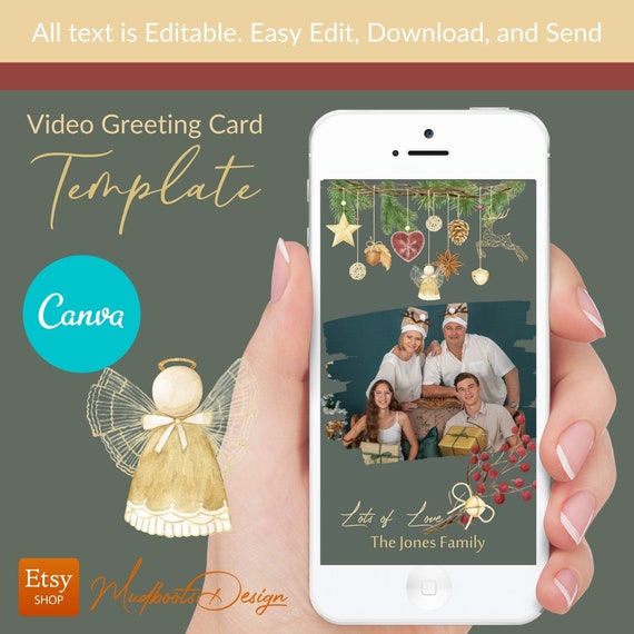 Christmas Video Greeting Card Template, Gold and Olive Green Canva Editable, Merry Christmas slideshow with Photo Il_570xn