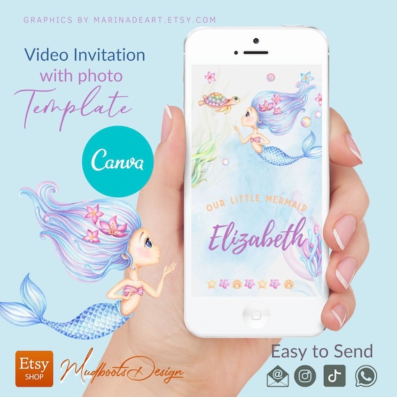 Mermaid Invitation Birthday Party . Sea creatures. Editable Digital Video invite. Canva Template. Vol0006 Il_570xn
