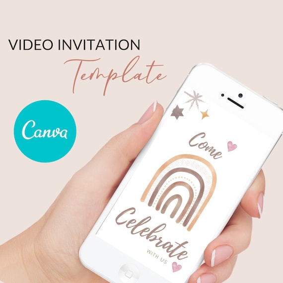 Boho Rainbow video invitation, Boho birthday invite, canva template, Editable digital invite VOL0016 Il_570xn