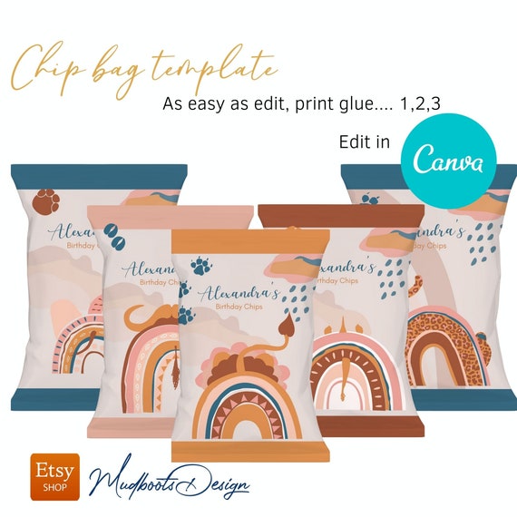 Boho Rainbow Chip bag Template, boho animals, rainbows party favor Canva Template VOL00026 Il_570xn