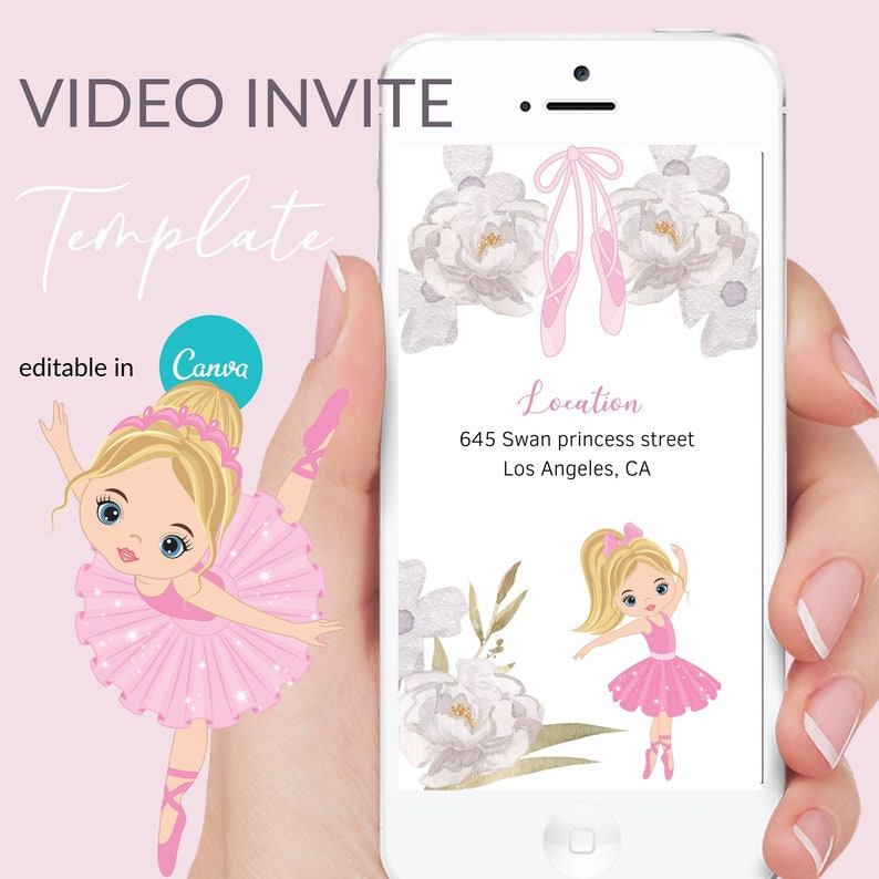 Pink Ballet Video invite, blond ballerina, Editable Digital invitation, Canva template, Girl Birthday VOL0021 image 5