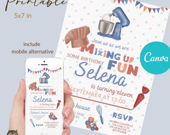 Baking theme Birthday party invitation, 5x7 printable invitation, cake decorating