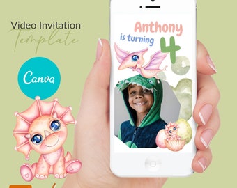 Dinosaur Birthday invitation,  Video Invite, Dino themed Party. Video Invite Canva Template VOL00017