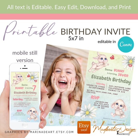 Some Bunny invite 5x7 with photo, daisy birthday invitation Template Vol0014 Il_570xn