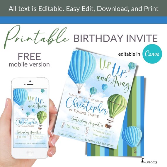 Self-edit hot air balloon birthday invite template, editable invitation, canva template, fun birthday invite VOL0005 Il_570xn