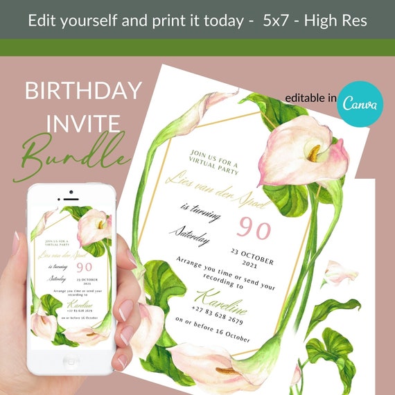 Calla Lily Printable Invitation. Lily of the valley Editable 5x7 invite .Mobile still. Canva ...