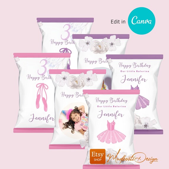 Ballet Chip bag Template, Cute girly Ballerina, party favor Canva Template VOL0021 Il_570xn