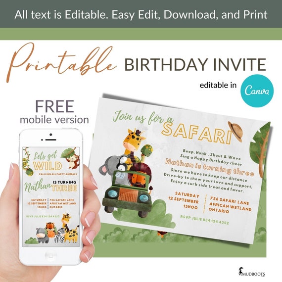 Safari Animals birthday invite template, editable invitation, canva template, Drive by birthday VOL0003 Il_570xn