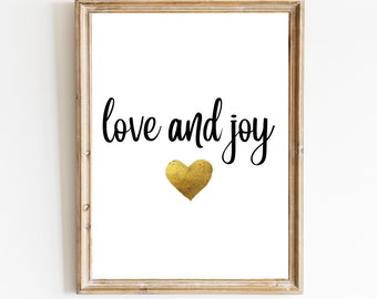 Love and Joy Wall Art Print, Winter Decoration, Above Bed Art, Mantel Decor, Gold Joy Printable