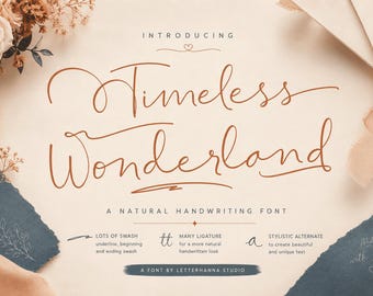 May include: A digital display of the font Timeless Wonderland in a copper-colored script. The text includes the words Introducing, Timeless Wonderland, and A Natural Handwriting Font, along with details about swashes, ligatures, and alternates.