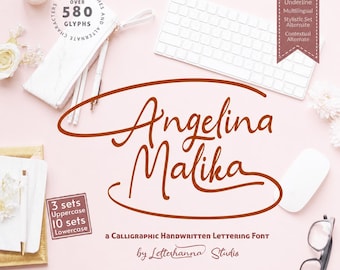 Feminine logo font for beauty brands commercial OTF TTF soft script for cosmetics packaging design - Angelina Malika Script Font