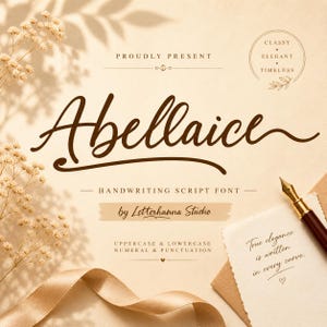 以下が含まれることがあります： 流れるような茶色の筆記体で「Abellaice」という名前が入ったカリグラフィー風フォントのデザイン。画像には「Handwriting Script Font」と「by Letterhanna Studio」という文字が含まれています。追加のテキストには「Uppercase & Lowercase, Numeral & Punctuation」と書かれています。手書きのメモには「True elegance is written in every curve.」と書かれています。