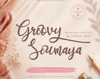 Groovy Soumaya Calligraphy Font: Cursive Script, Swashes (TTF, OTF) Commercial Use