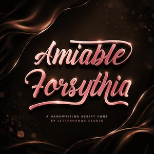 May include: Amiable Forsythia, a pink 3D script font, is displayed against a dark background with flowing fabric accents. The text "A Handwriting Script Font by Letterhanna Studio" is below the main text.