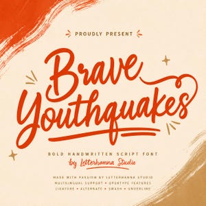 May include: A promotional graphic for the "Brave Youthquakes" font, a bold handwritten script. The design features the font name in a vibrant red, with additional text indicating it's from Letterhanna Studio. The background is a warm beige with orange brushstrokes.