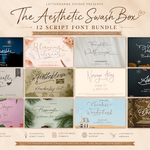 Peut inclure: The Aesthetic Swash Box, un pack de 12 polices d'écriture manuscrite, présente une collection de belles polices. L'image montre différents styles de polices, dont "Butterfly Serenade" et "Timeless Wonderland". Le pack comprend les formats OTF/TTF/WOFF et le support multilingue.