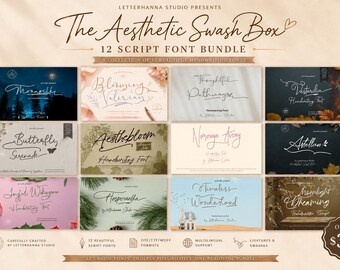 The Aesthetic Swash Box 12 Script Font Bundle - OTF TTF - Commercial Use fonts - Calligraphy Procreate Bold Wedding Signature Font