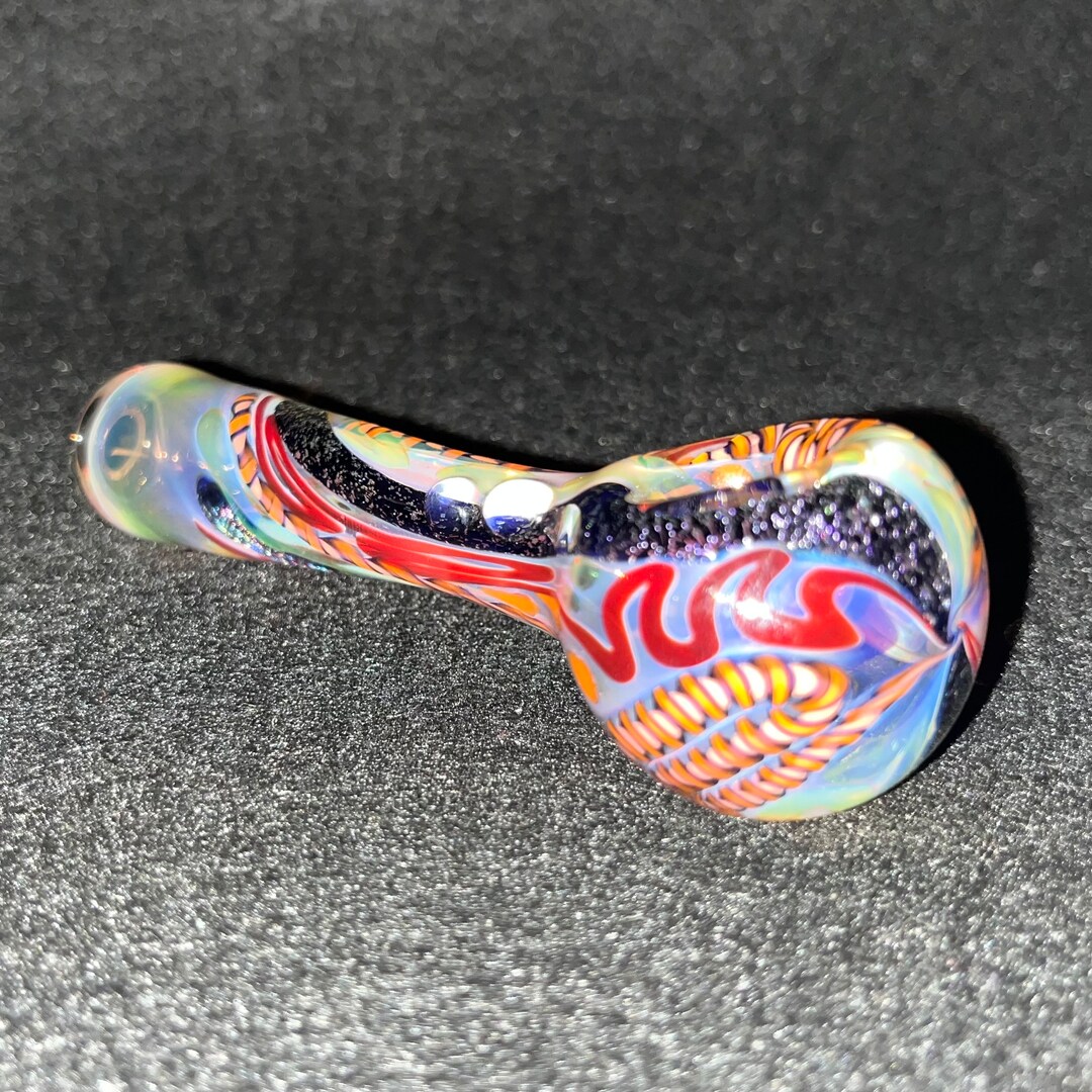 USA Hand Blown Glass Tobacco Pipe Purple Dichro Red & Blue Swirls Color