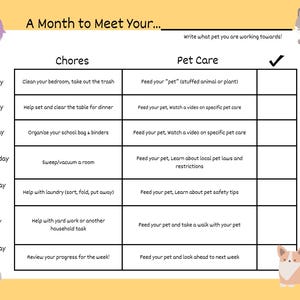 Puede incluir: Un planificador semanal amarillo y blanco con el título "A Month to Meet Your..." y secciones para tareas domésticas y cuidado de mascotas. El planificador incluye tareas como limpiar, ayudar con las tareas domésticas y actividades relacionadas con las mascotas. Animales de dibujos animados decorativos están en las esquinas.