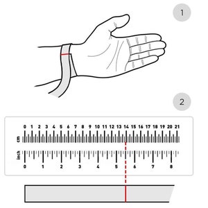 May include: A diagram showing how to measure your wrist for a bracelet. Wrap a tape measure around your wrist, just below the wrist bone, and note the measurement in inches. The diagram shows a measurement of 6 inches.