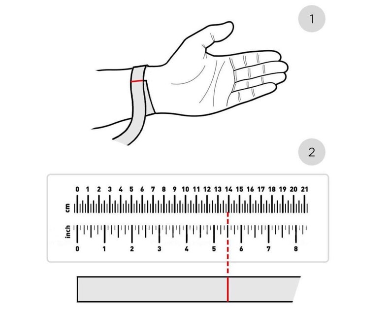 May include: A diagram showing how to measure your wrist for a bracelet. Wrap a tape measure around your wrist, just below the wrist bone, and note the measurement in inches. The diagram shows a measurement of 6 inches.