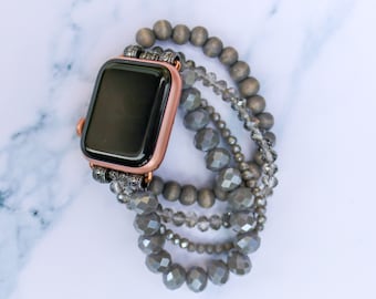 Grey Glass Beaded Apple Watch Band 38mm, 40mm, 41mm, 42mm, 44mm, 45mm, 46mm, 49mm.  Series 10. Woman's iWatch.Silver Apple Watch band