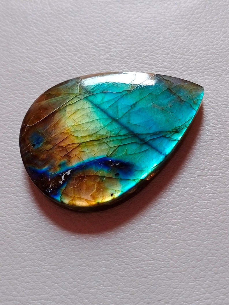 Amazing Unique Multi Rare Sky Blue Flashy Natural Labradorite Cabochon Pendant Jewelry Making Stone Labradorite Stone, 57X41X8 mm 164 Crt image 4