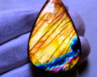 Amazing Multi Rare Yellow Flashy Labradorite Cabochon Pendant Jewelry Making Stone Labradorite Stone, 57X35X7 mm 130 Crt Labradorite