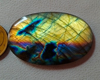 Amazing Unique Multi Rare Yellow Flashy Labradorite Cabochon Pendant Jewelry Making Stone Labradorite Stone, 54X34X6 mm 111 Crt Labradorite