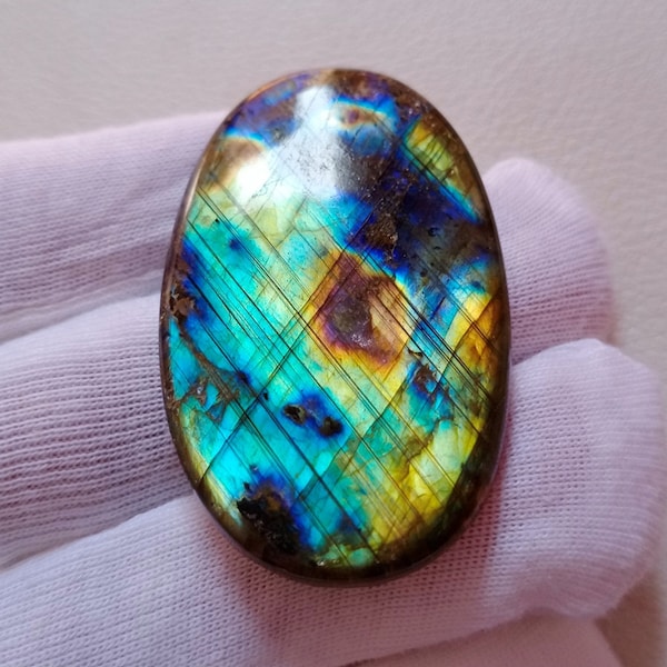 Amazing Unique Multi Rare Fire Natural Labradorite Cabochon Pendant Jewelry Making Stone Labradorite Stone, 49X30X6 mm 90 Crt