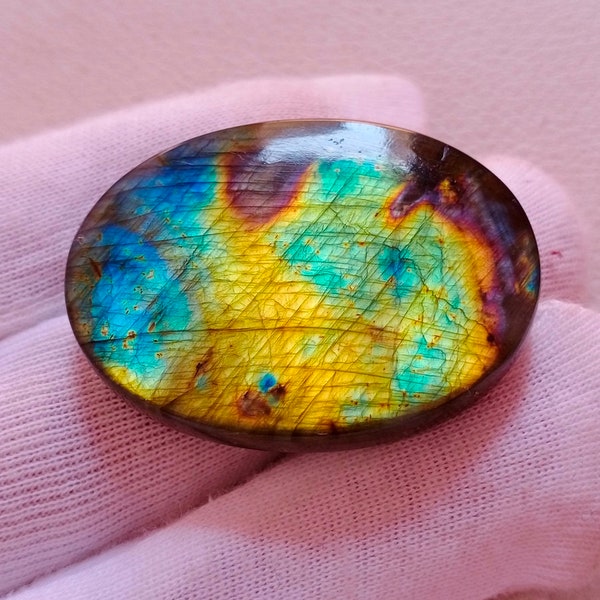 Amazing Unique Multi Rare Flashy Natural Labradorite Cabochon Pendant Jewelry Making Stone Labradorite Stone, 40X30X7 mm 95 Crt