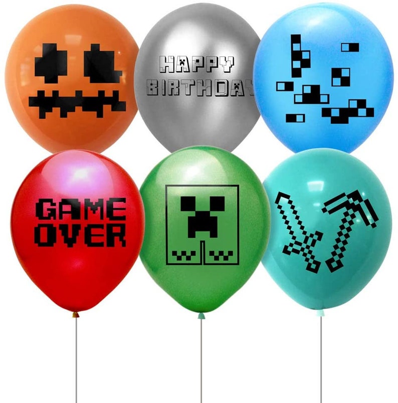 May include: A collection of six colorful balloons. The balloons feature various designs, including a jack-o'-lantern face, the text "HAPPY BIRTHDAY", pixelated shapes, the text "GAME OVER", a Creeper face, and pixelated sword and pickaxe.