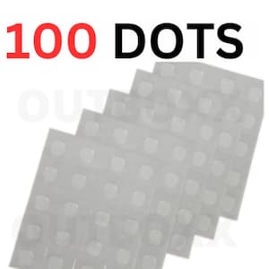 May include: A pack of 100 clear adhesive dots. The dots are arranged in a grid pattern on sheets of white paper.