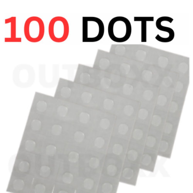May include: A pack of 100 clear adhesive dots. The dots are arranged in a grid pattern on sheets of white paper.