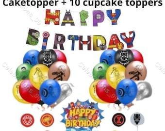 Pixel Theme Dinosaur Mario Paw Patrol Billipi Among us Superheroes Avengers Pixel Theme Balloons, Happy Birthday Banners , Cake toppers